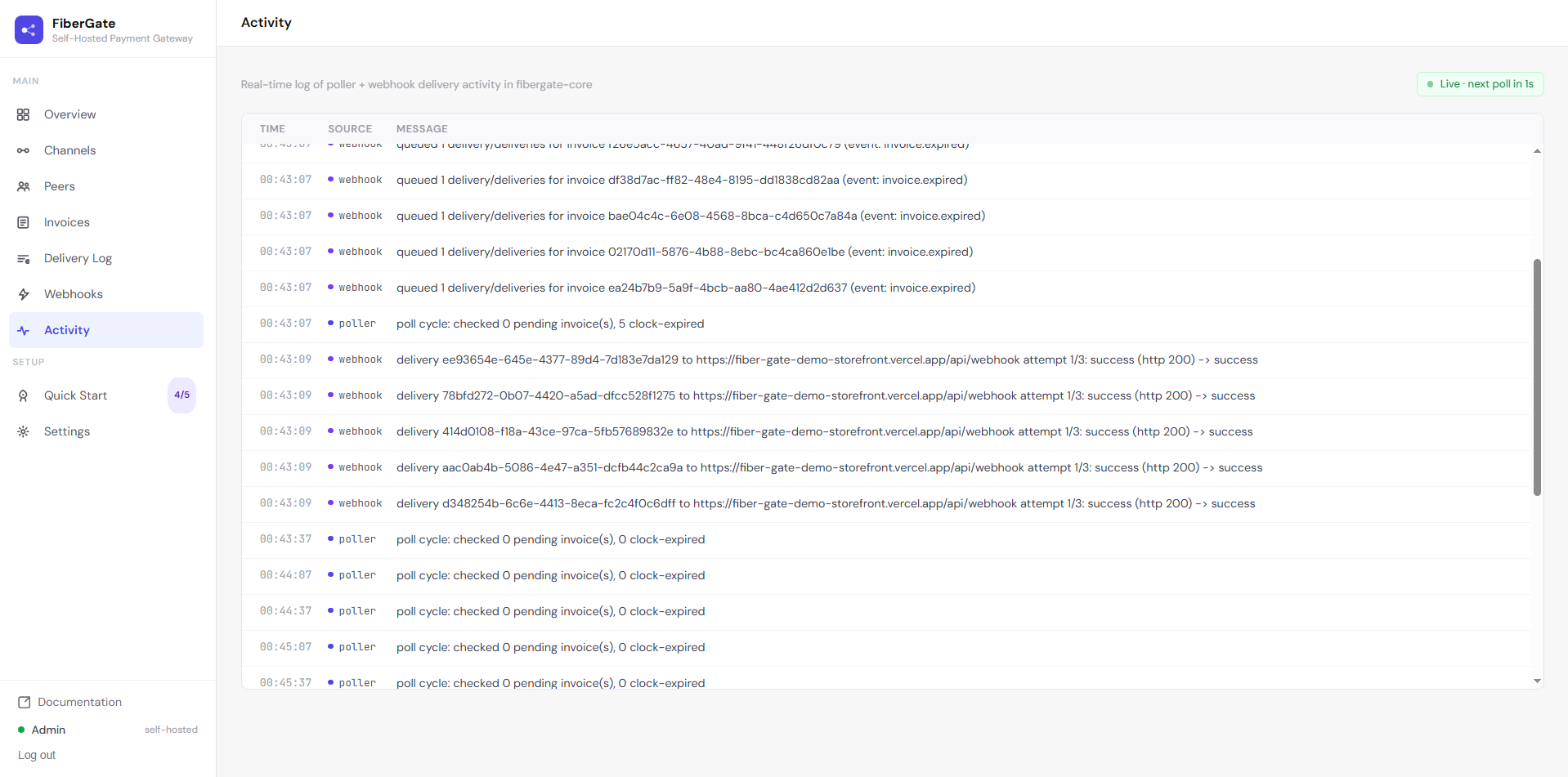 The Activity feed logging the payment event the moment it settles