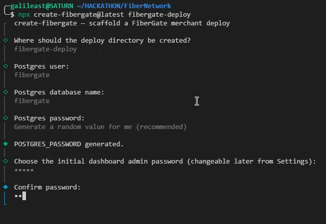 The create-fibergate wizard running in a terminal, part-way through its prompts