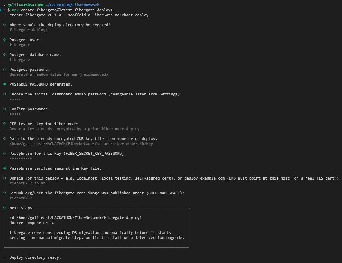 The create-fibergate wizard running through its prompts