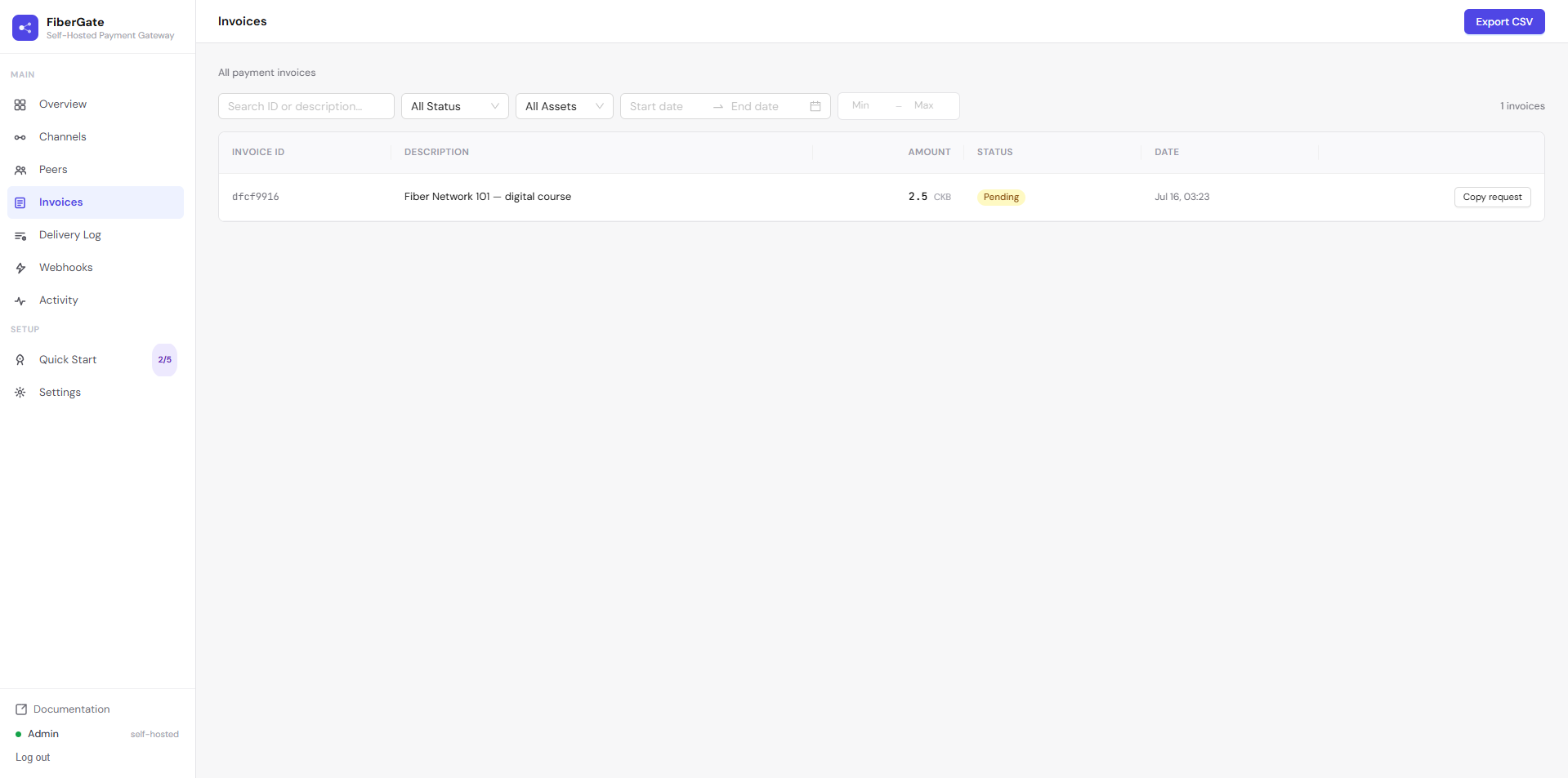 The Invoices page with the freshly created pending invoice