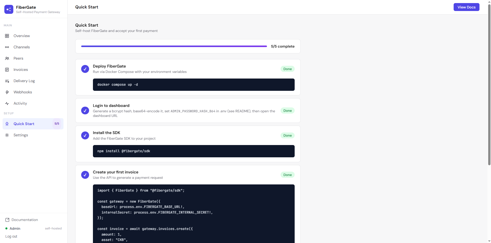 The Quick Start checklist page