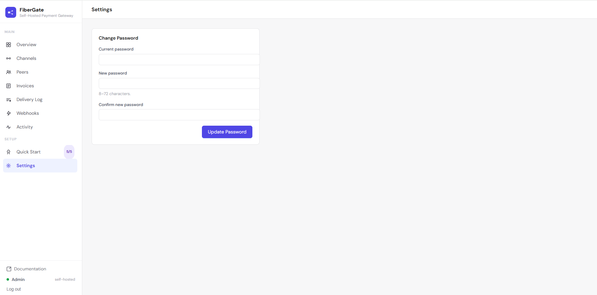 The Settings page with the change-password form