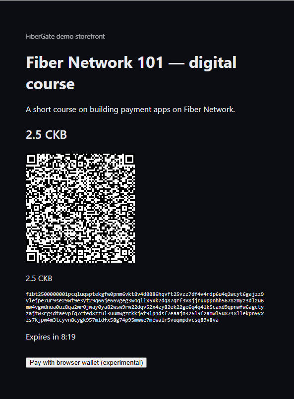 The demo storefront showing a QR code for an unpaid invoice