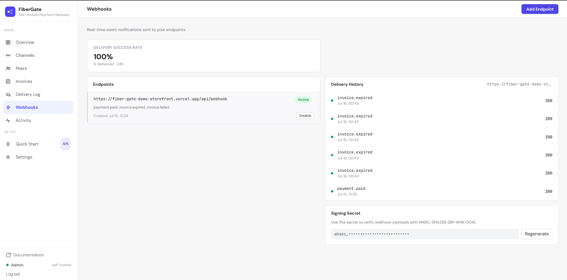 The Webhooks page with the endpoint list, delivery history, and signing secret